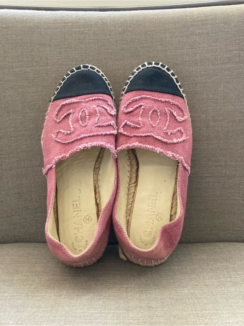 CHANEL Pink Canvas Espadrille Flats with Black Cap Toe